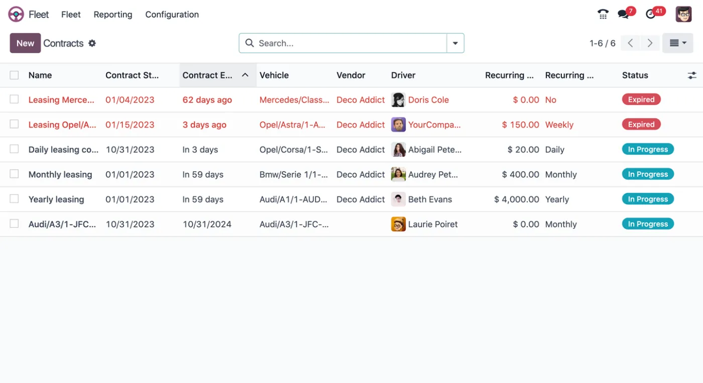 Odoo Fleet app screenshot